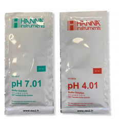 Kit 2 solutions étalon liquide Hanna 20ml pH7, pH4 en sachet HI70007 & HI70004