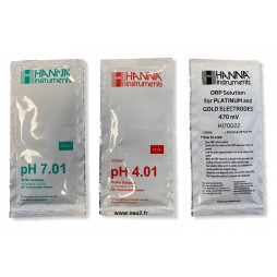 kit 3 solutions pH7, pH4, Redox 470 mv liquide en sachet 20ml Hanna HI70007-HI70004-HI70022