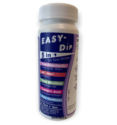 Bandelettes Test 5 en 1 EASY-DIP pour piscine chlore (brome), pH, TAC, stabilisant, TH