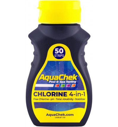 Aquachek Jaune Chlorine 4 en 1 Chlore, pH, Alcalinité, Stabilisant 50 languettes piscine et Spa Aquachek