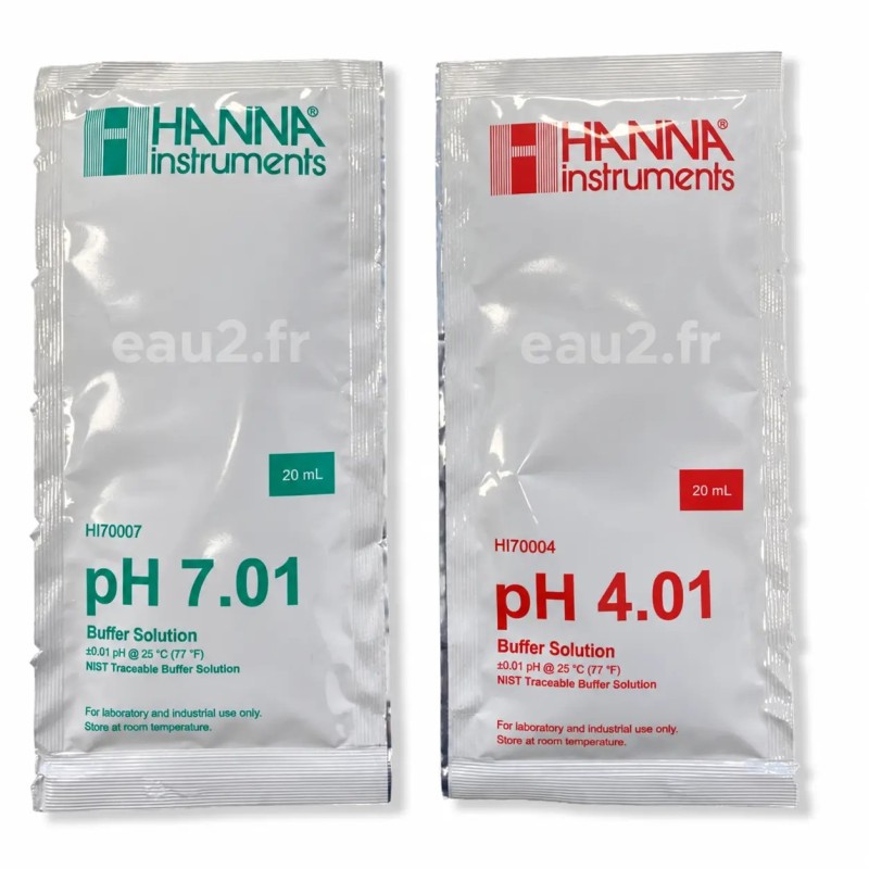 Etalonnage sonde pH avec kit 2 solutions pH7, pH4 liquide en sachet 20ml Hanna HI70007-HI70004