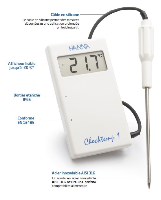 Thermomètre de poche de haute précision avec câble silicone 1m HI98509