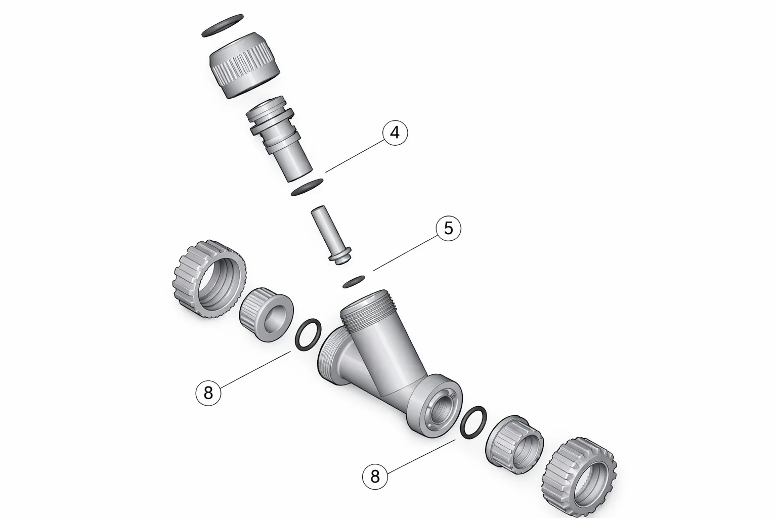 Vue éclatée clapet de retenue en Y à siège incliné à coller
